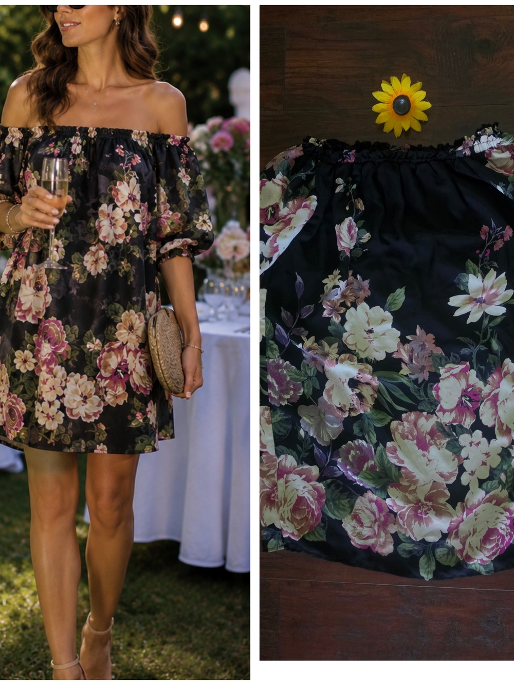 Miami Off-Shoulder Floral Black Summer Dress
